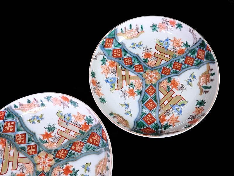 古伊万里　金襴手　紅葉に鳥居　花鳥紋の図　５寸皿　３枚　E549AS-COc