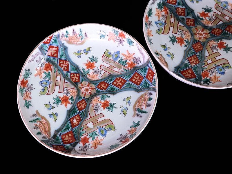 古伊万里　金襴手　紅葉に鳥居　花鳥紋の図　５寸皿　３枚　E549AS-COc