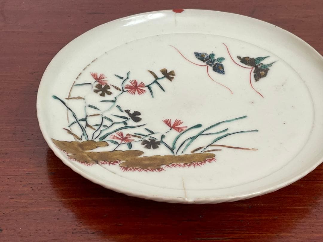 #3 骨董　アンティーク　色絵古九谷　撫子　蝶々図　丸皿　五寸皿　角福　古九谷