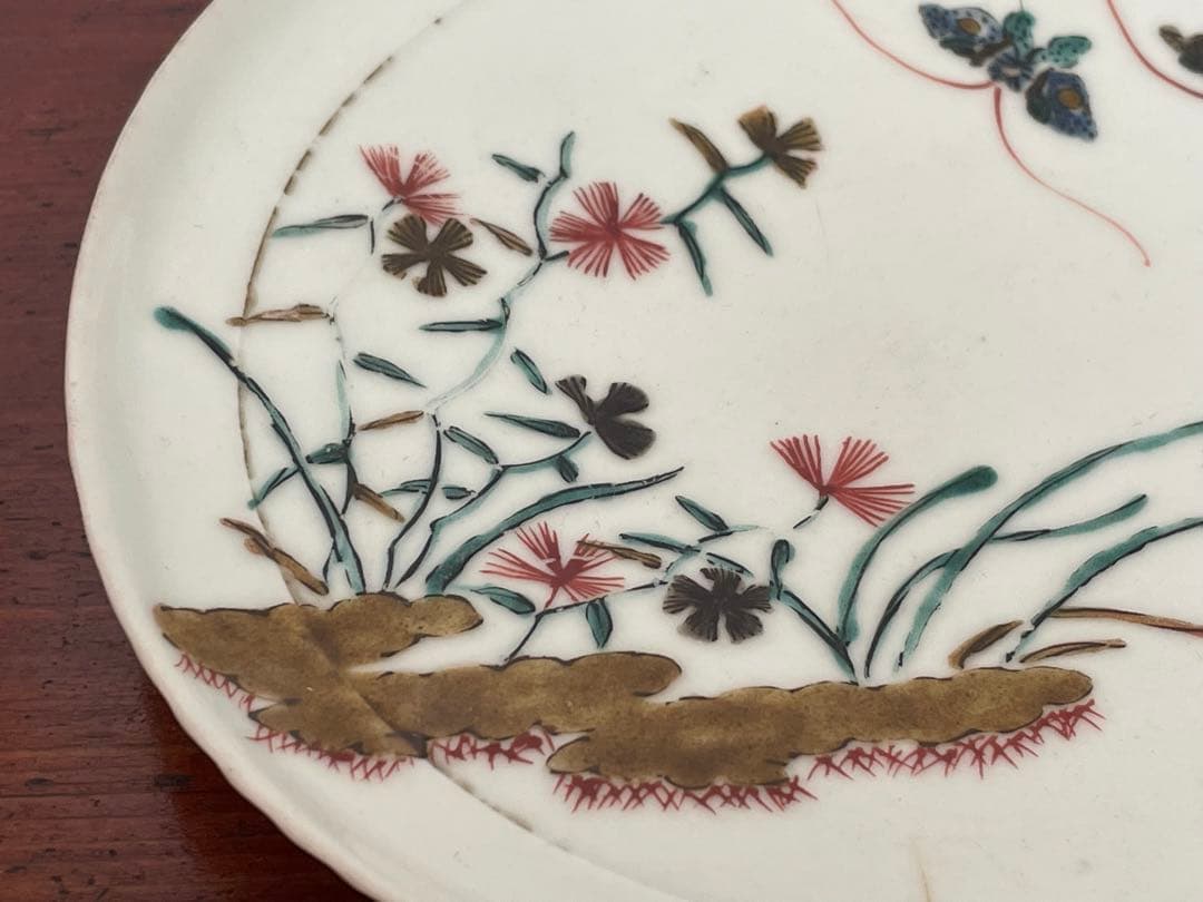 #3 骨董　アンティーク　色絵古九谷　撫子　蝶々図　丸皿　五寸皿　角福　古九谷