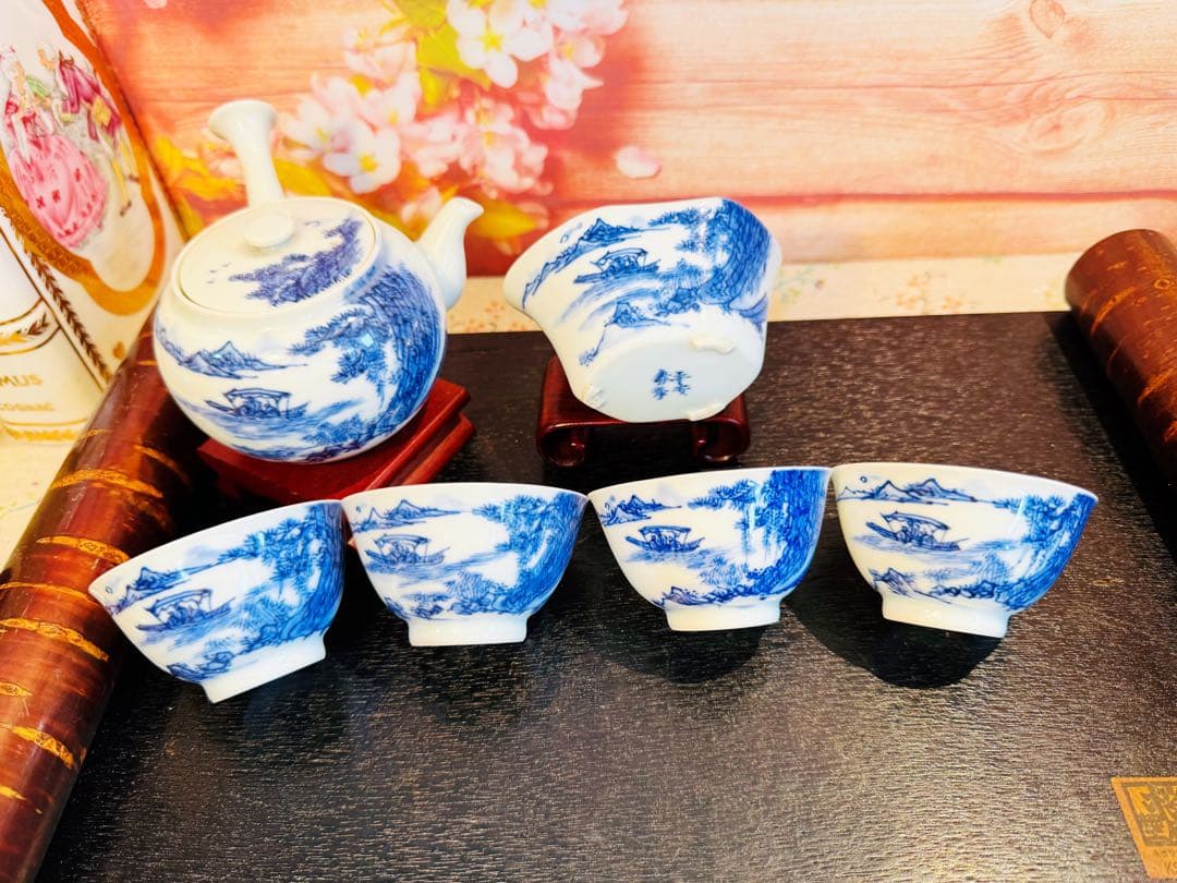 平安春峰 山水 赤壁賦 名工 茶碗 急須 茶道具 骨董品 染付