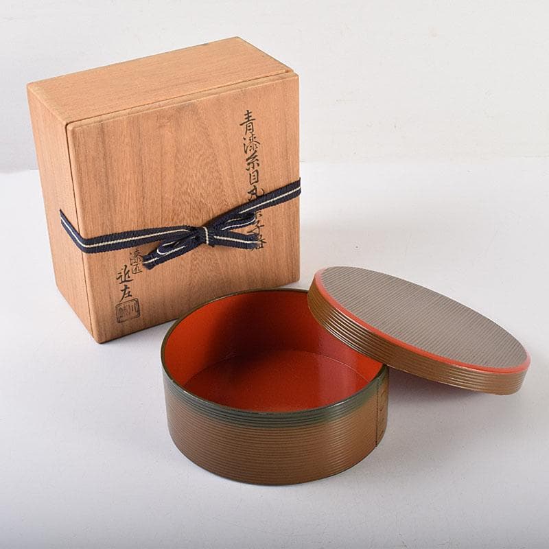 漆匠　川端近左造　青漆糸目丸菓子器　共箱　N　7044