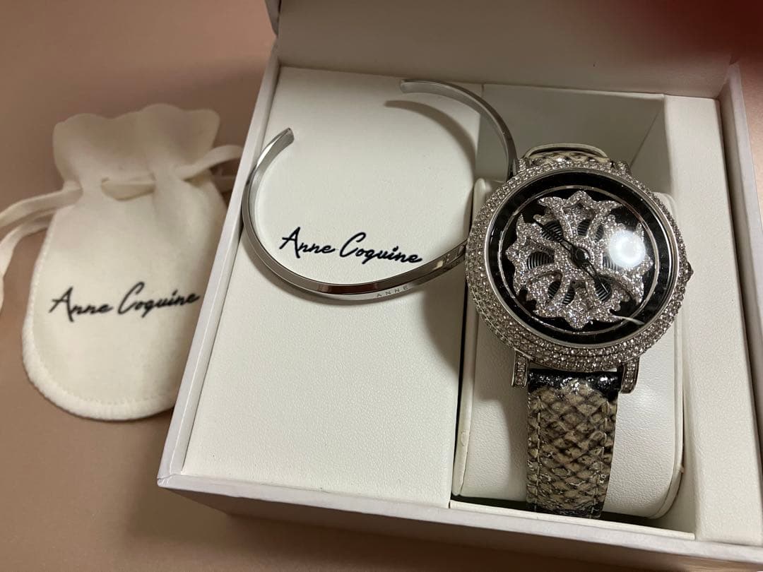 【美品】Anne Coquine パイソン柄ミニクロスウォッチ バングルセット