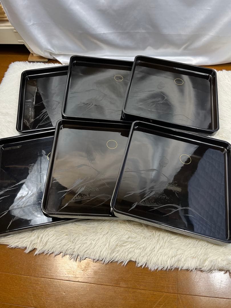 【レトロ】輪島塗 盆 御膳 鶴 6枚セット 2005