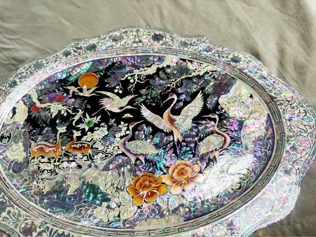 韓国製 螺鈿細工 飾り皿 桹材 金榮萬作 置物 シェル 工芸品 貝細工 トレー