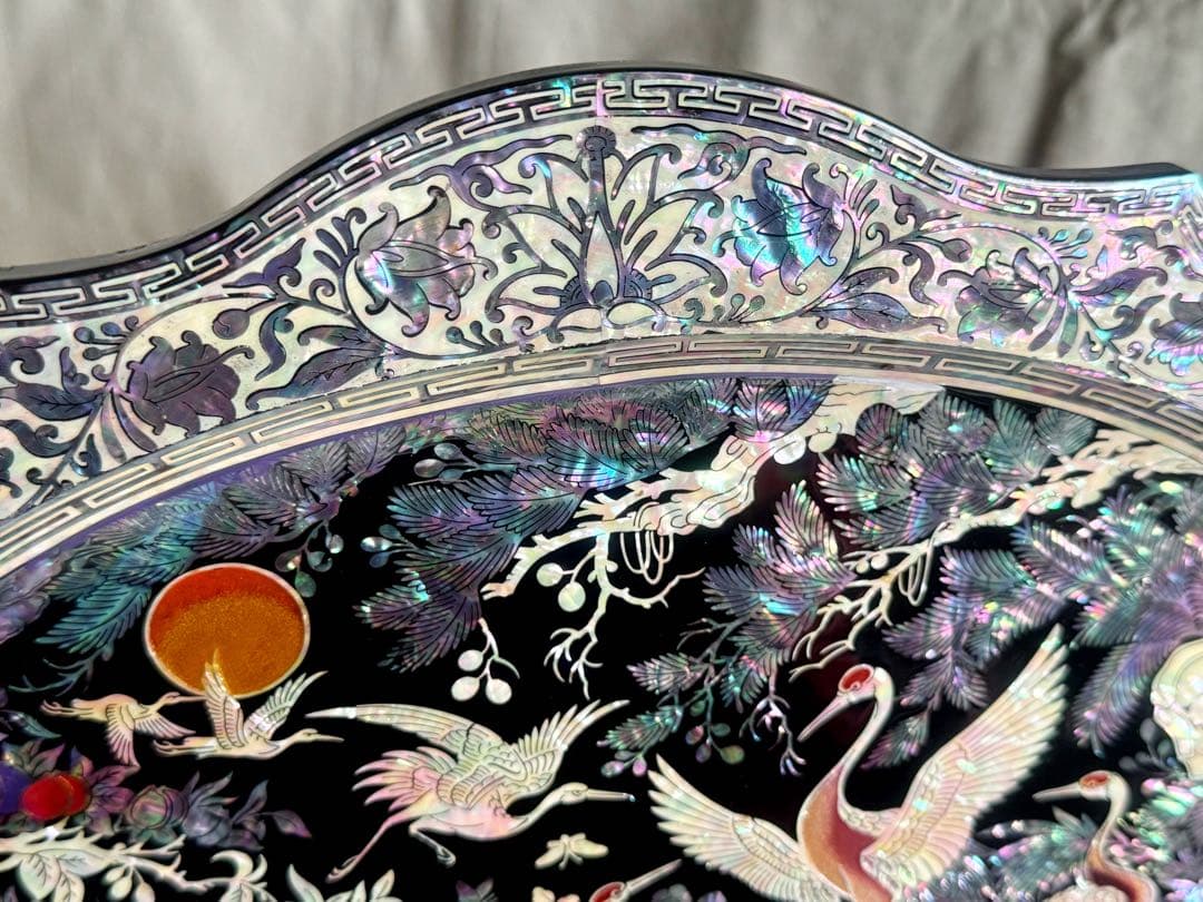 韓国製 螺鈿細工 飾り皿 桹材 金榮萬作 置物 シェル 工芸品 貝細工 トレー