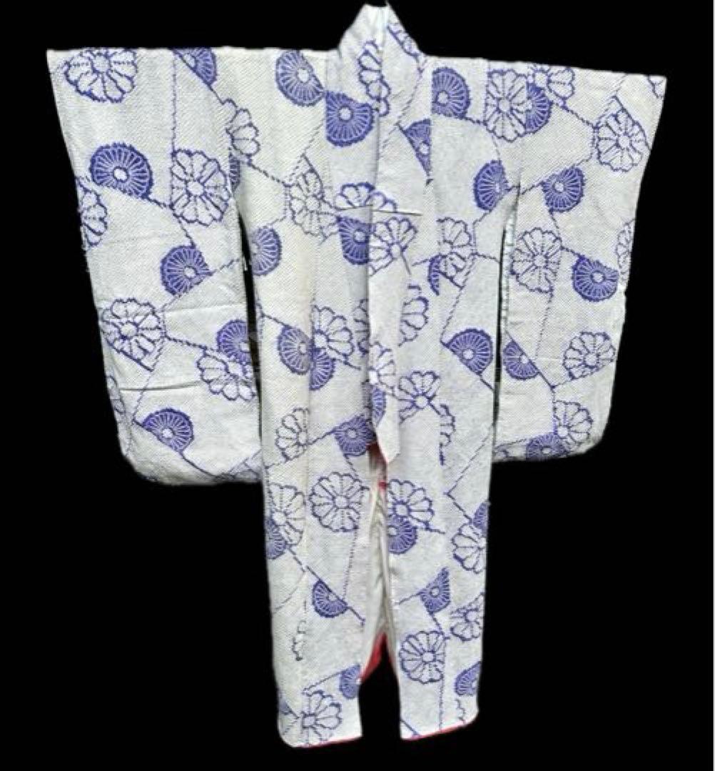 総絞り　振袖 白地に青紫の花柄　小振袖