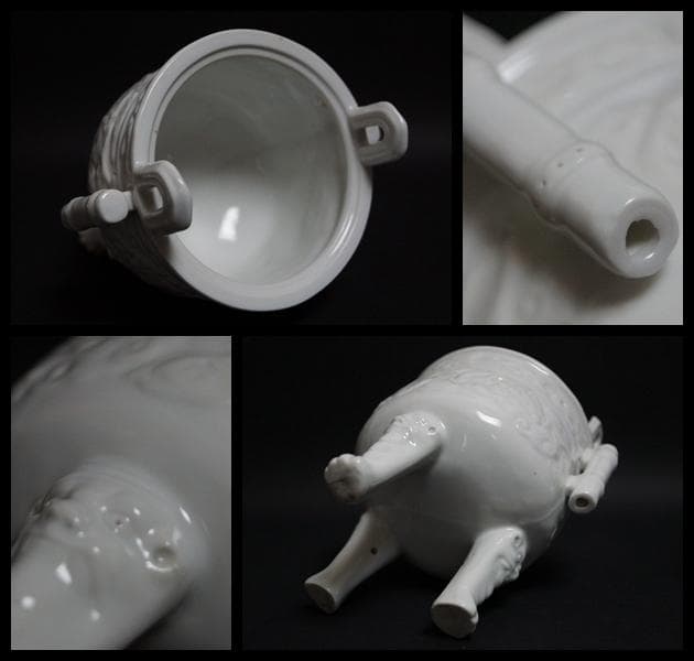 清 徳化窯 白磁陽刻『唐草文』 貫入双耳香炉 獣面三足 茶道具