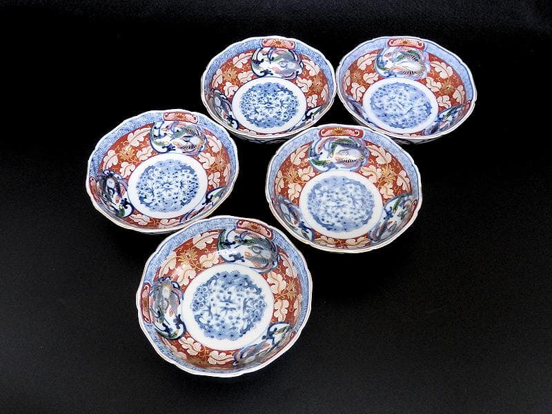 大聖寺伊万里　金襴手　花に福良雀の図　膾皿　５客　B267AS-BGl