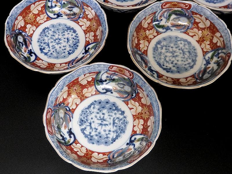 大聖寺伊万里　金襴手　花に福良雀の図　膾皿　５客　B267AS-BGl