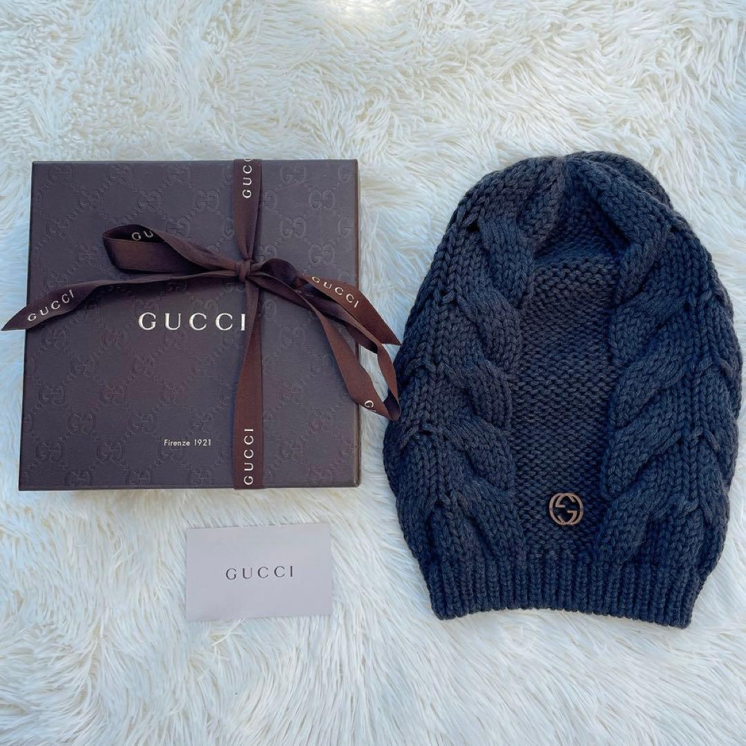 美品 GUCCI グッチ ニット グッチ ニット帽 GG ウール 黒 M 箱付き