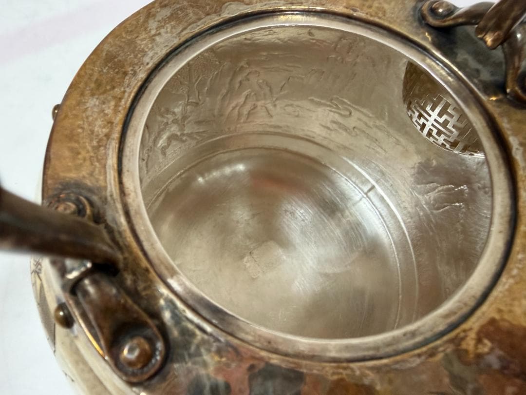 純銀製 山水図彫 象嵌 湯沸 銀瓶 煎茶道具