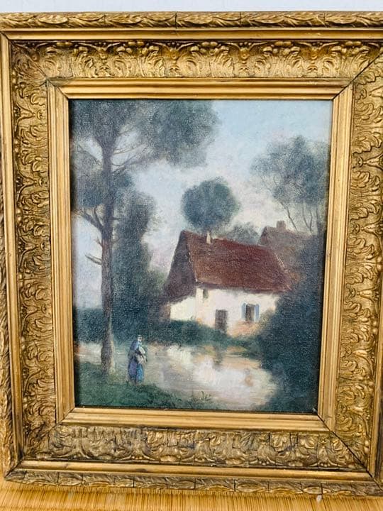 19世紀イギリス油絵、小池側の家