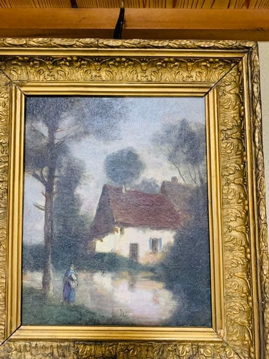 19世紀イギリス油絵、小池側の家