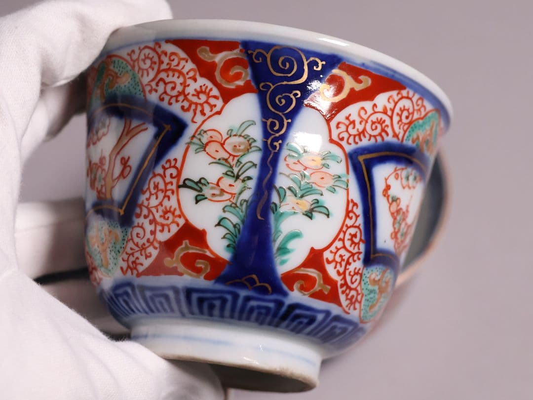 【CM125】古伊万里 扇面 色絵向付 五客 猪口 小鉢 扇面 草花 唐草 錦