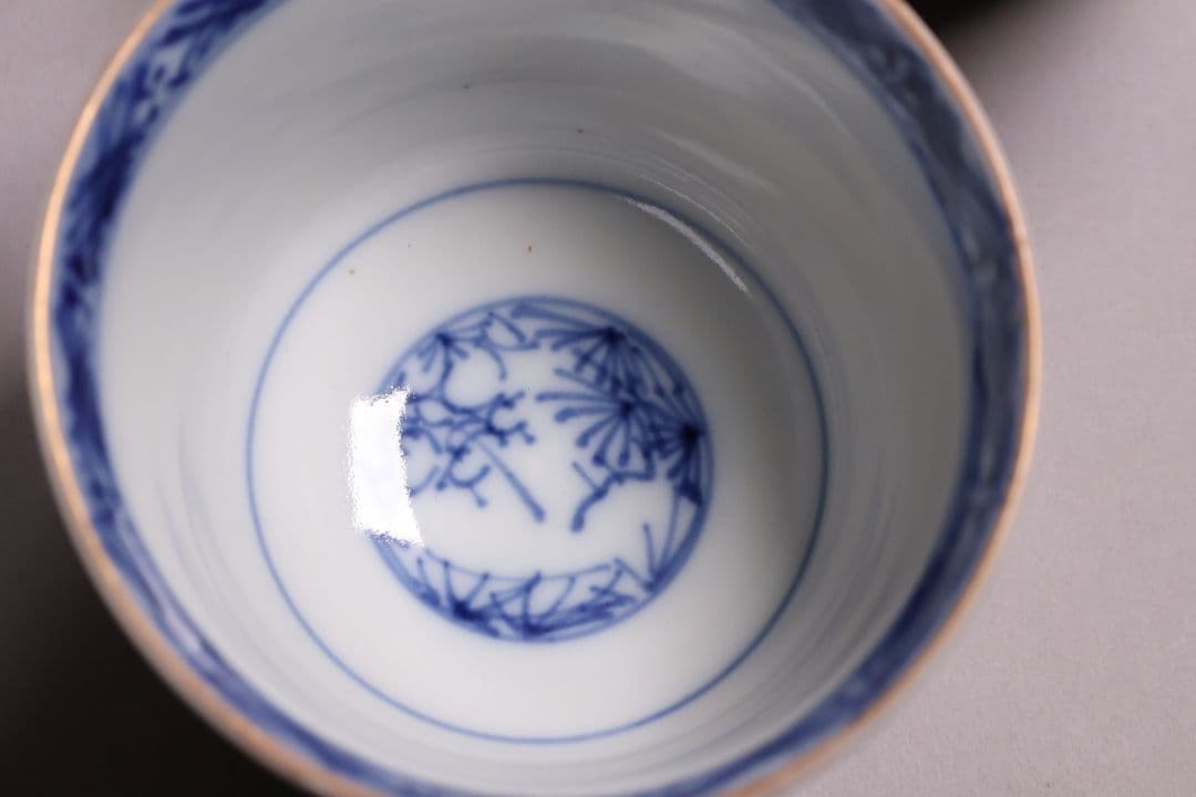 【CM125】古伊万里 扇面 色絵向付 五客 猪口 小鉢 扇面 草花 唐草 錦