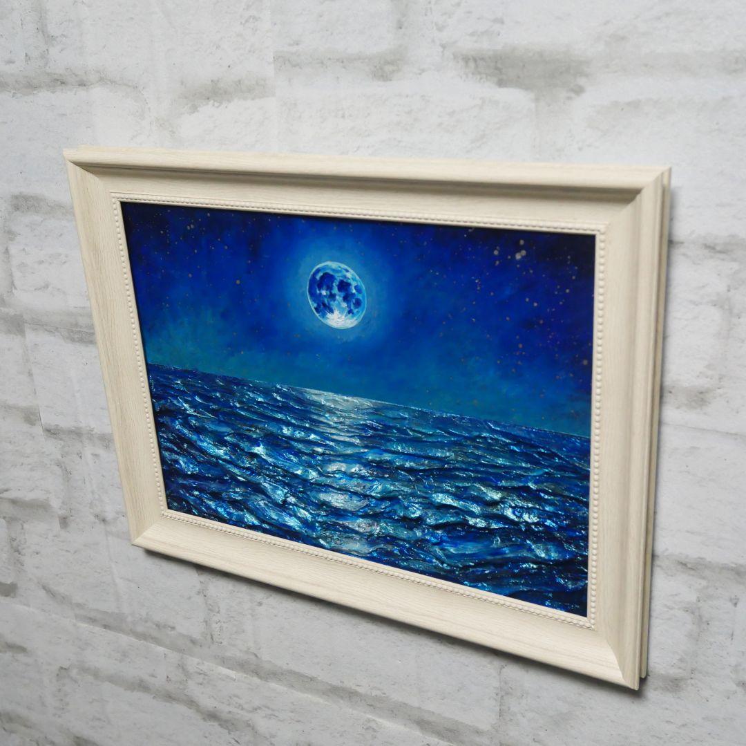 油絵 油彩 油彩画 絵 絵画 【青い満月と輝く海】