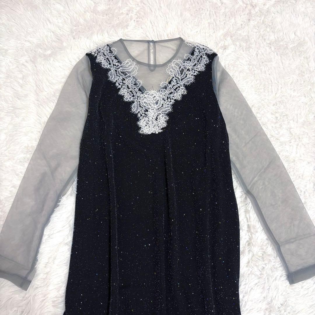 leja ラメ　レース装飾付きロングドレス　ブラック　ワンピース　オケージョン
