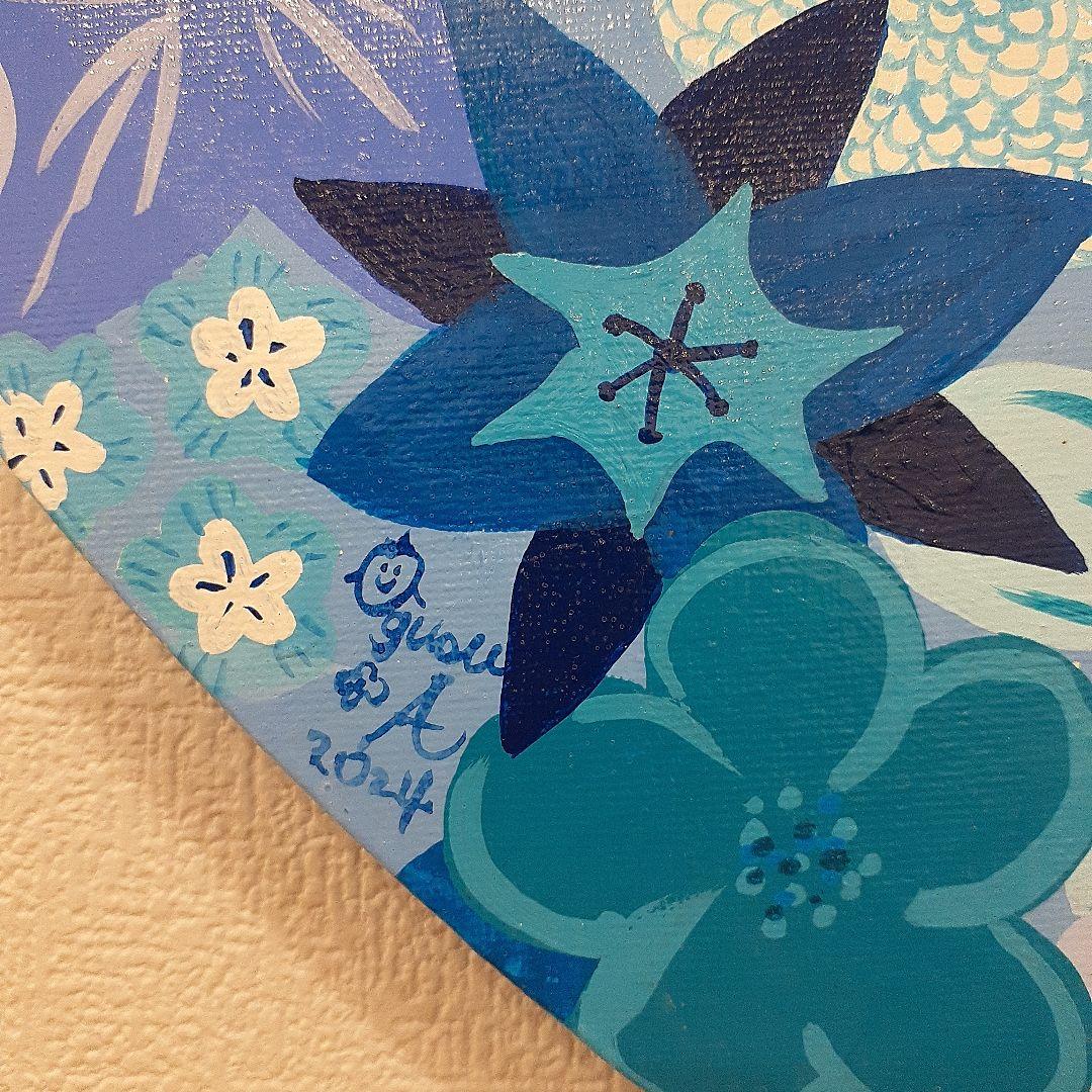 ハート型 青い花だらけのハートの作品 画家　小楠アキコ作品　40×40cm