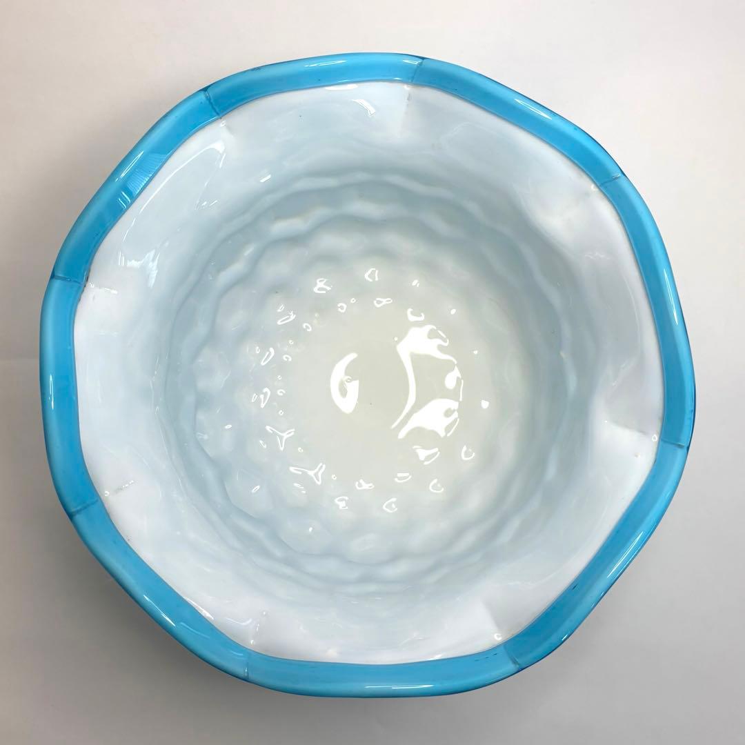 昔ガラス　アンティーク　花縁　フリル　亀甲紋様　ガラス　コンポート　ブルー