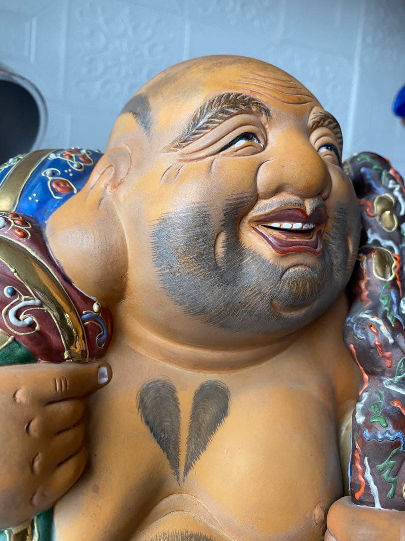 九谷焼 布袋尊 金彩 色絵 布袋像 特大約45cm 美品陶器製 骨董品七福神