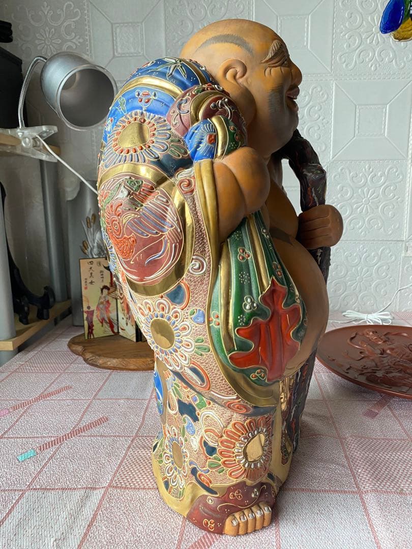 九谷焼 布袋尊 金彩 色絵 布袋像 特大約45cm 美品陶器製 骨董品七福神