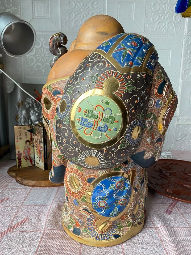 九谷焼 布袋尊 金彩 色絵 布袋像 特大約45cm 美品陶器製 骨董品七福神