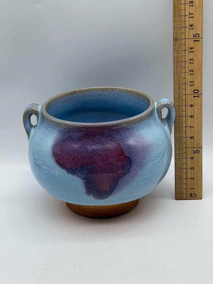 明时代 鈞窯青磁 澱青月白釉紫斑 双糸耳香炉 水丞 【旧家蔵出し】(A-106)