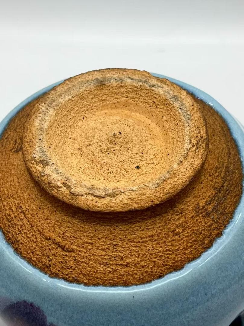 明时代 鈞窯青磁 澱青月白釉紫斑 双糸耳香炉 水丞 【旧家蔵出し】(A-106)