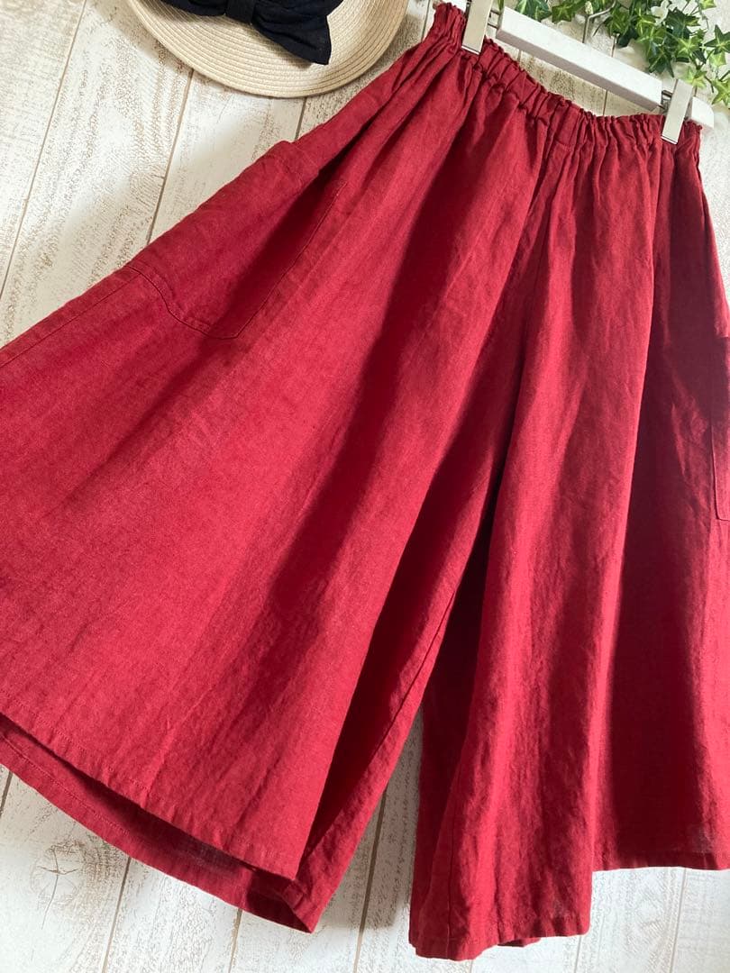 ヤンマ　ヤンマ産業　キュロットパンツ　リネン100% 赤　ガウチョパンツ