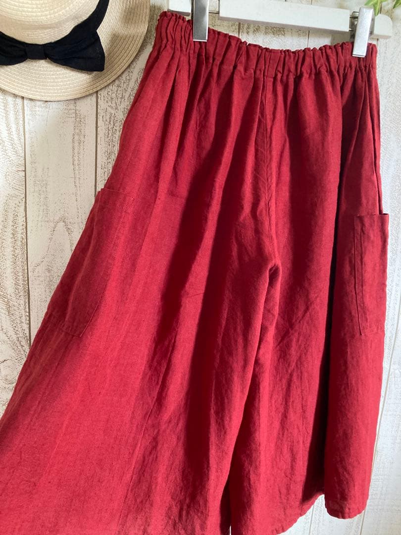 ヤンマ　ヤンマ産業　キュロットパンツ　リネン100% 赤　ガウチョパンツ