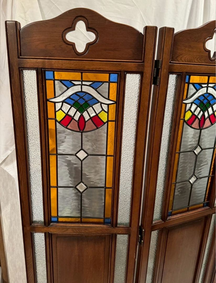 木製　ステンドグラス　パーテーション アンティーク　3連