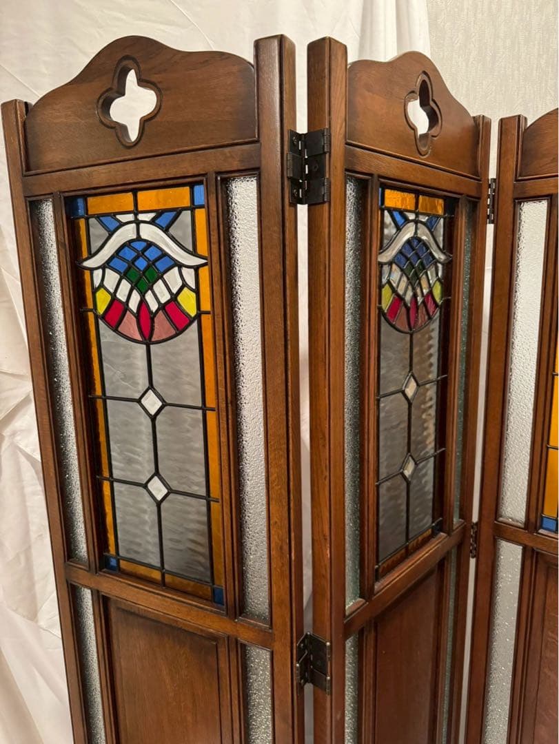 木製　ステンドグラス　パーテーション アンティーク　3連