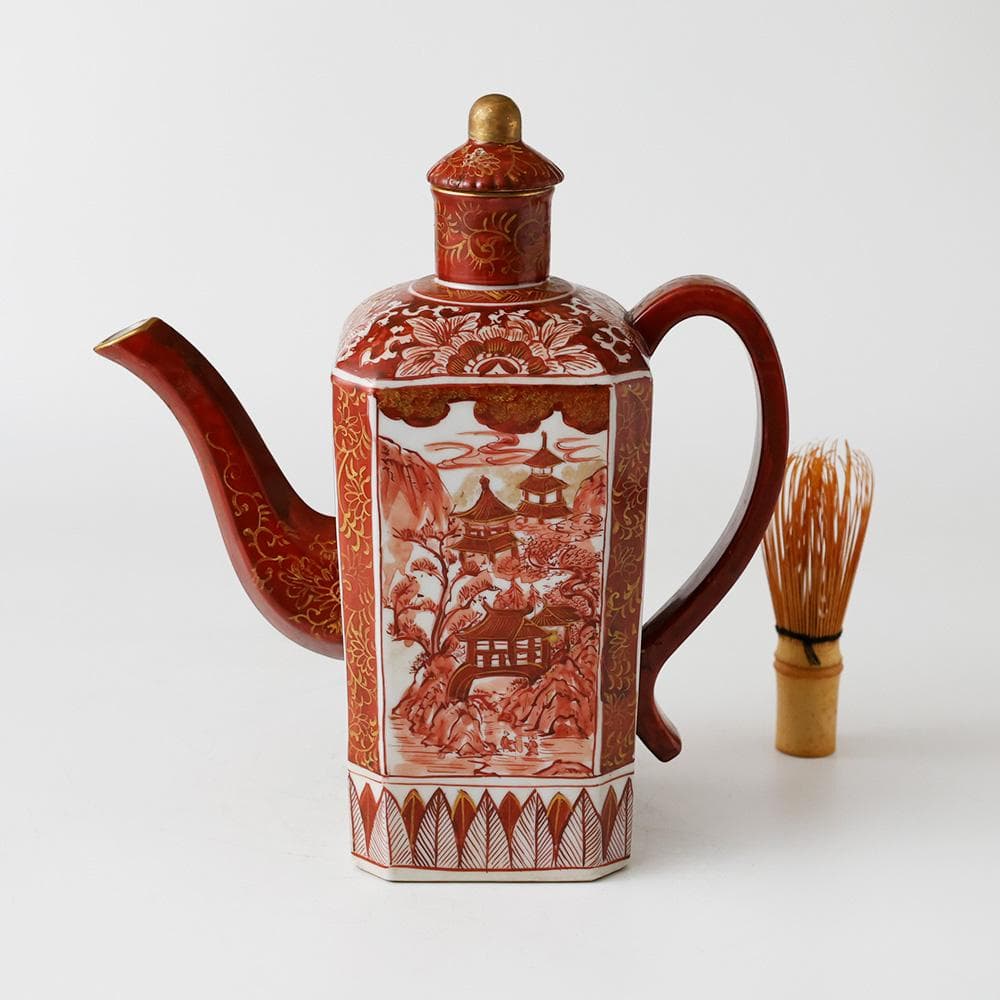 時代年代物 九谷焼 赤絵金彩 唐草 花鳥 楼閣図 水注