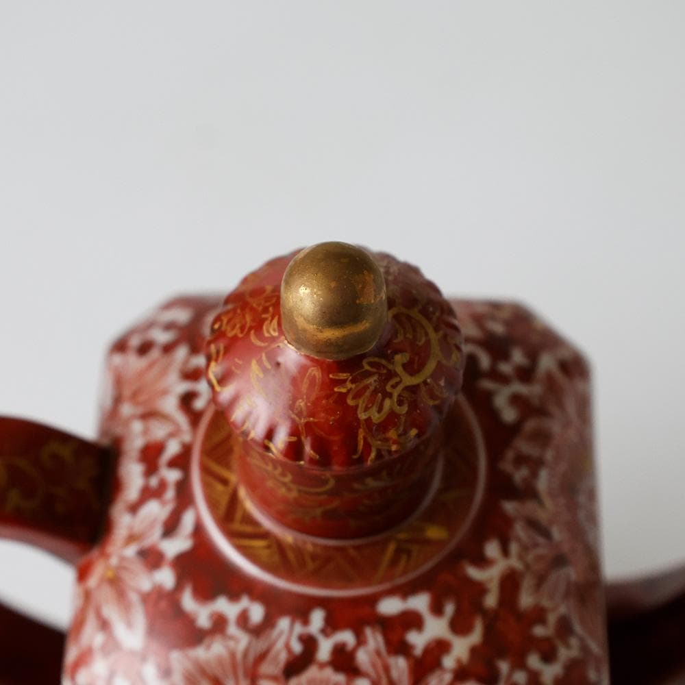 時代年代物 九谷焼 赤絵金彩 唐草 花鳥 楼閣図 水注