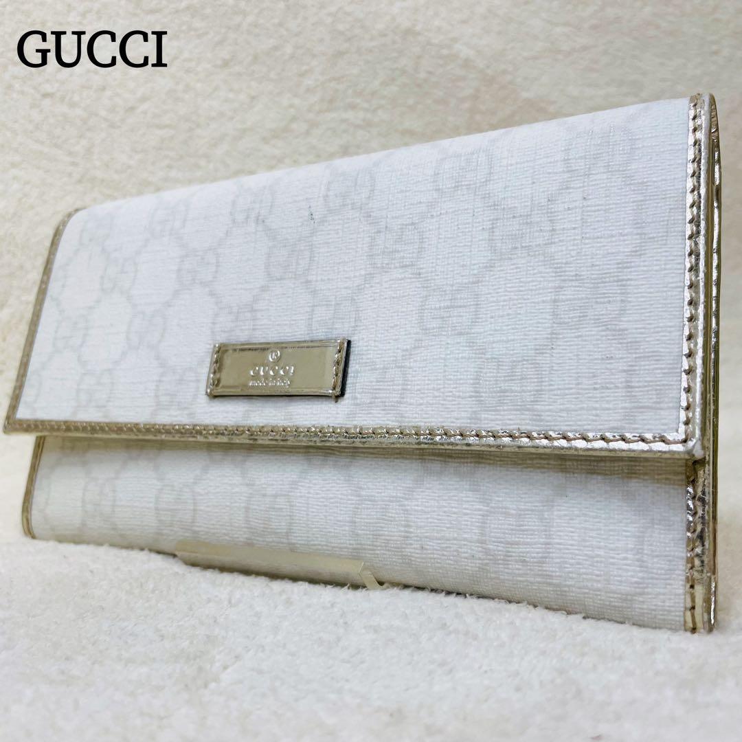 GUCCI グッチ 長財布 GGシマ PVCレザー 白 シルバー ウォレット