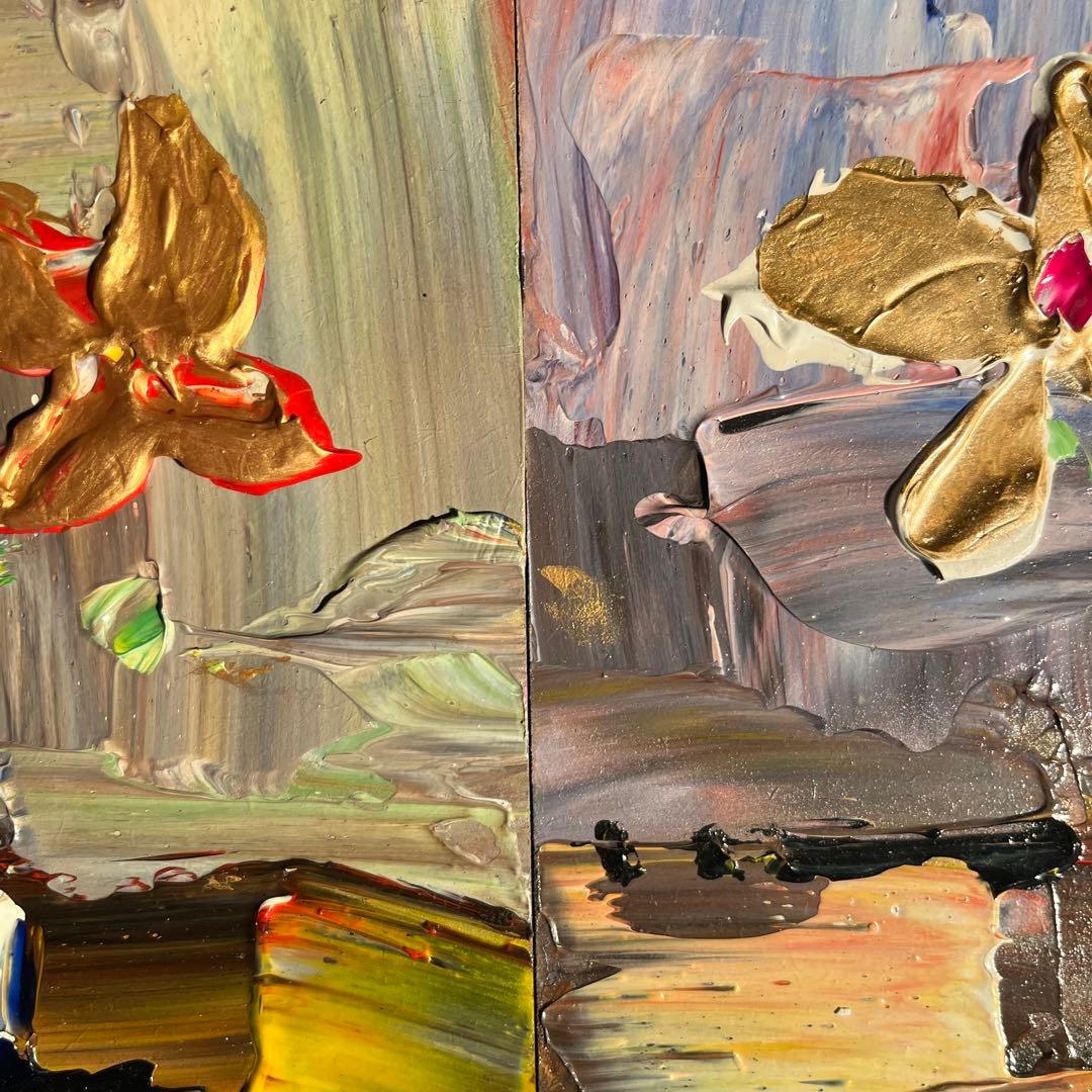 手書き油絵 ゴールドフラワー 額付 絵画 インテリア 油彩画