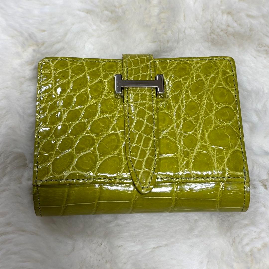 リアルクロコダイル革 シャイニング ライトグリーン H金具折り財布 鰐革 ワニ