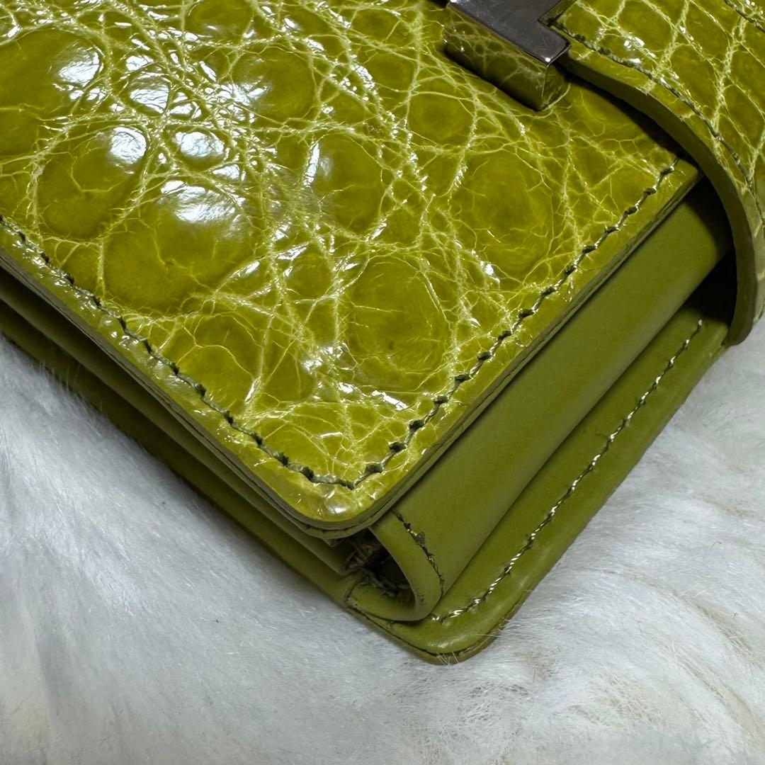リアルクロコダイル革 シャイニング ライトグリーン H金具折り財布 鰐革 ワニ