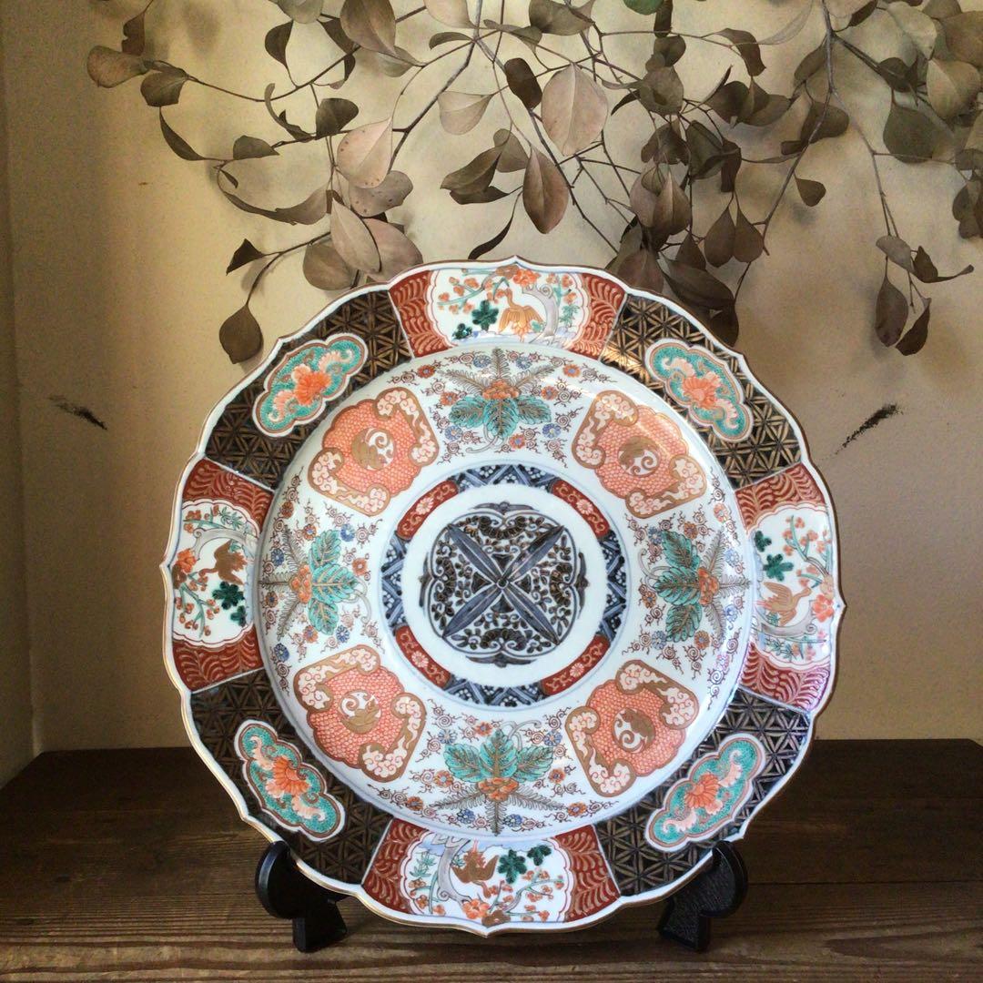 No4177古伊万里　赤絵金彩花鳥文　輪花大皿　直径40.5cm 飾皿　送料無料