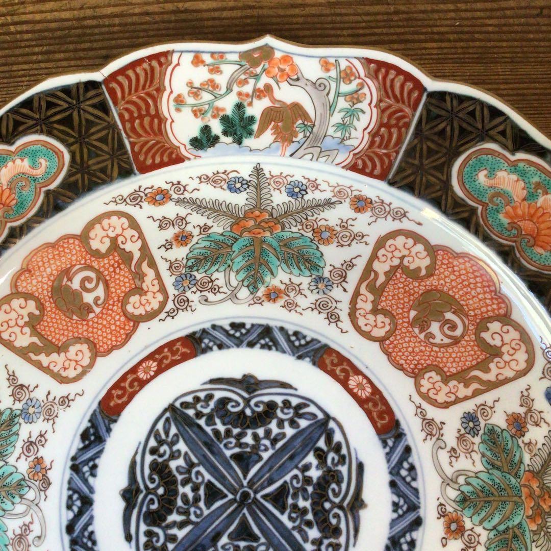 No4177古伊万里　赤絵金彩花鳥文　輪花大皿　直径40.5cm 飾皿　送料無料