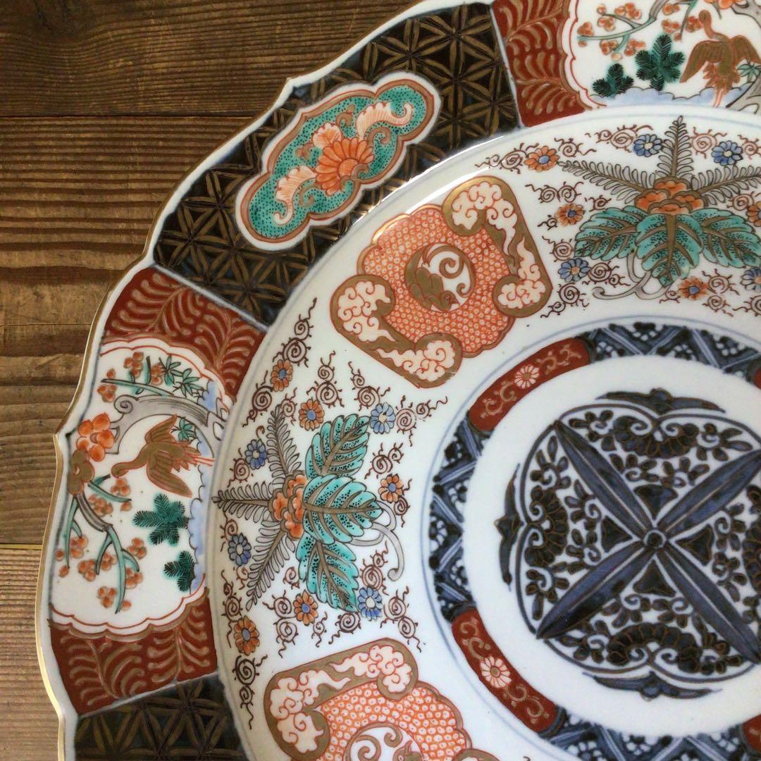 No4177古伊万里　赤絵金彩花鳥文　輪花大皿　直径40.5cm 飾皿　送料無料