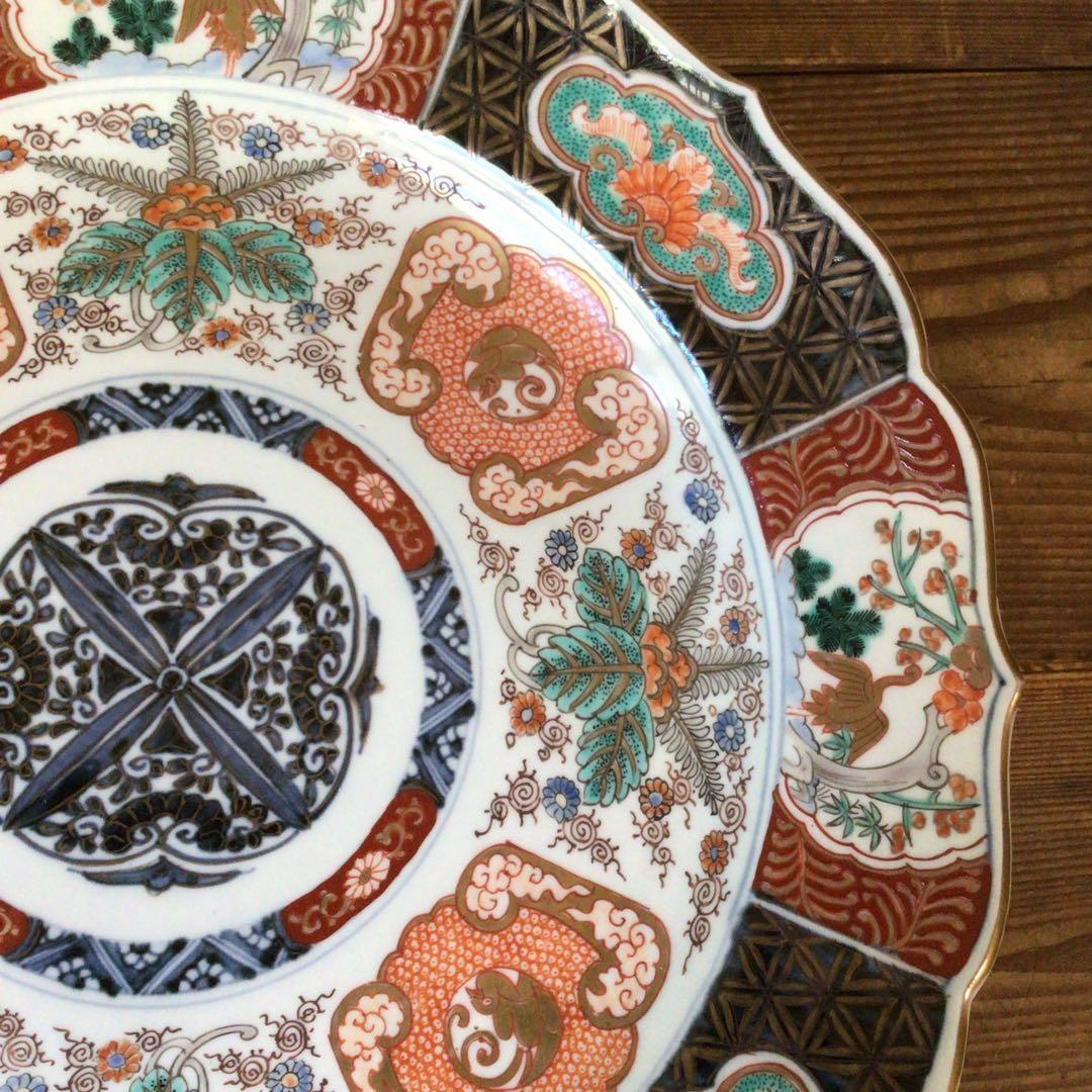 No4177古伊万里　赤絵金彩花鳥文　輪花大皿　直径40.5cm 飾皿　送料無料