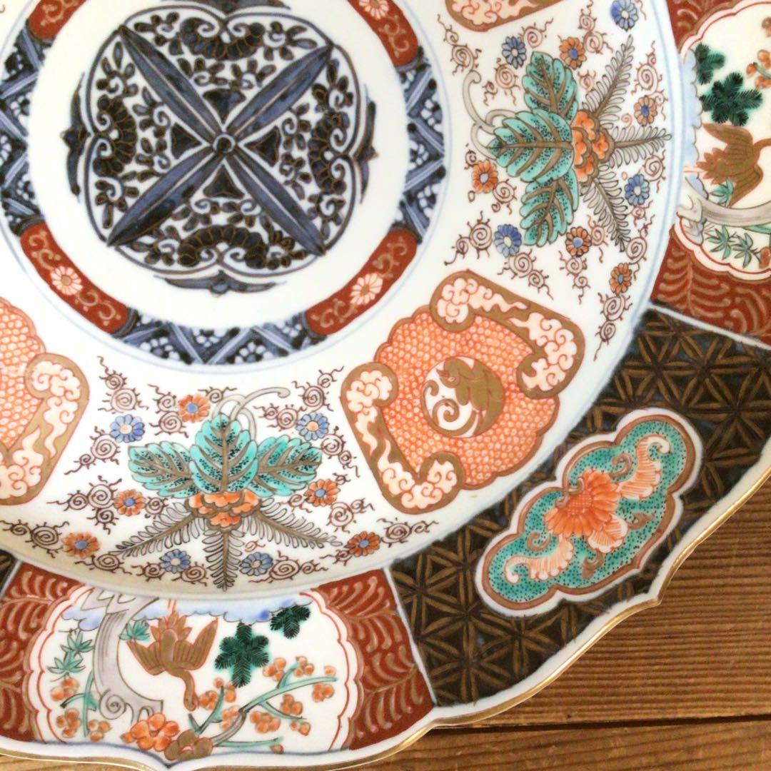 No4177古伊万里　赤絵金彩花鳥文　輪花大皿　直径40.5cm 飾皿　送料無料