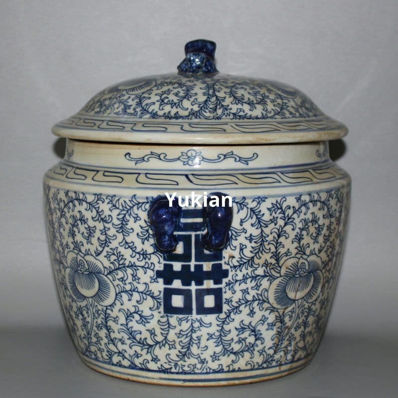 四喜青花缶 喜字缶 磁器 将軍缶 現代工芸品 美術品 装飾品 置物