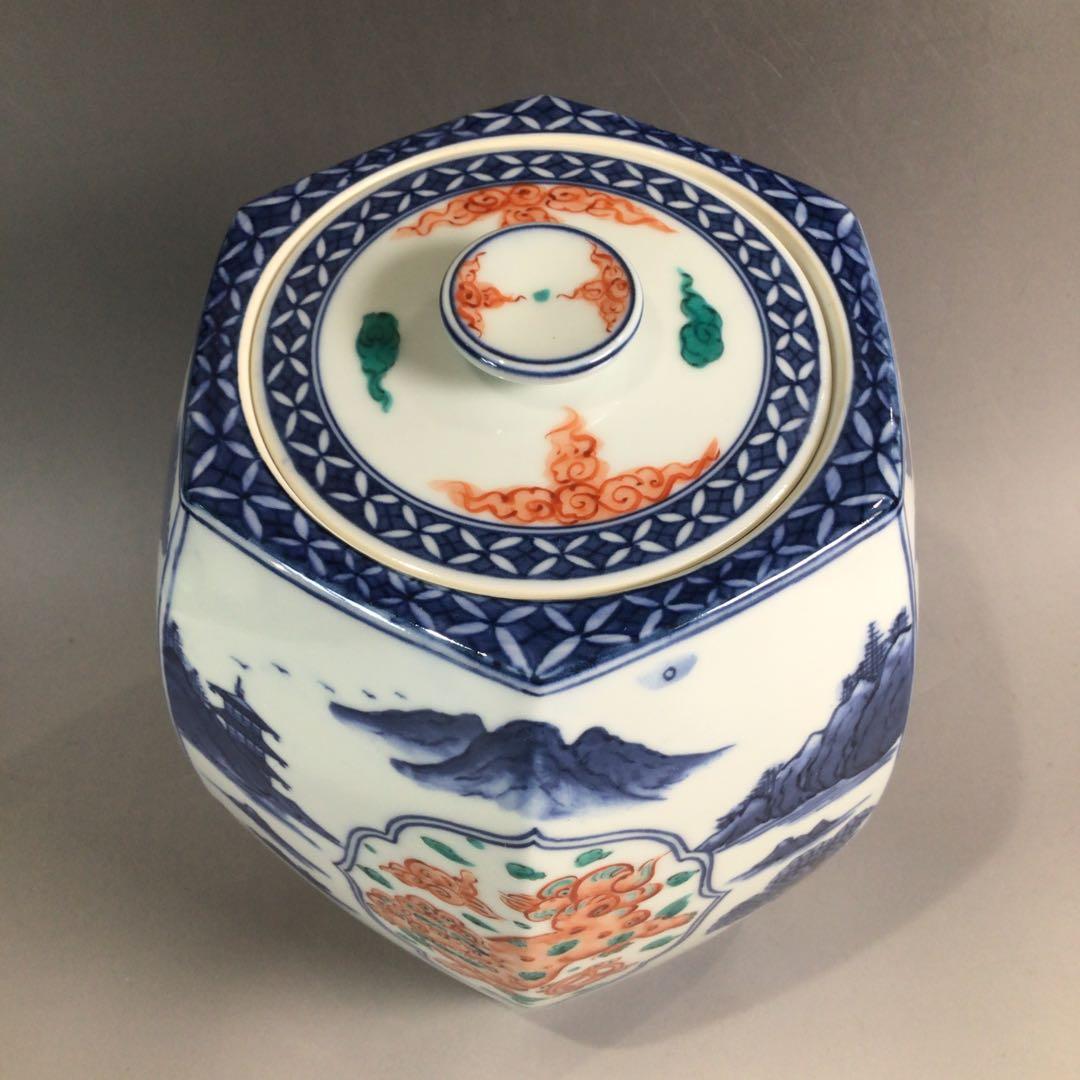 Ｐ３２４　水指　『平安　手塚玉堂造』『染付赤絵』『六角水指』　共箱　茶道具