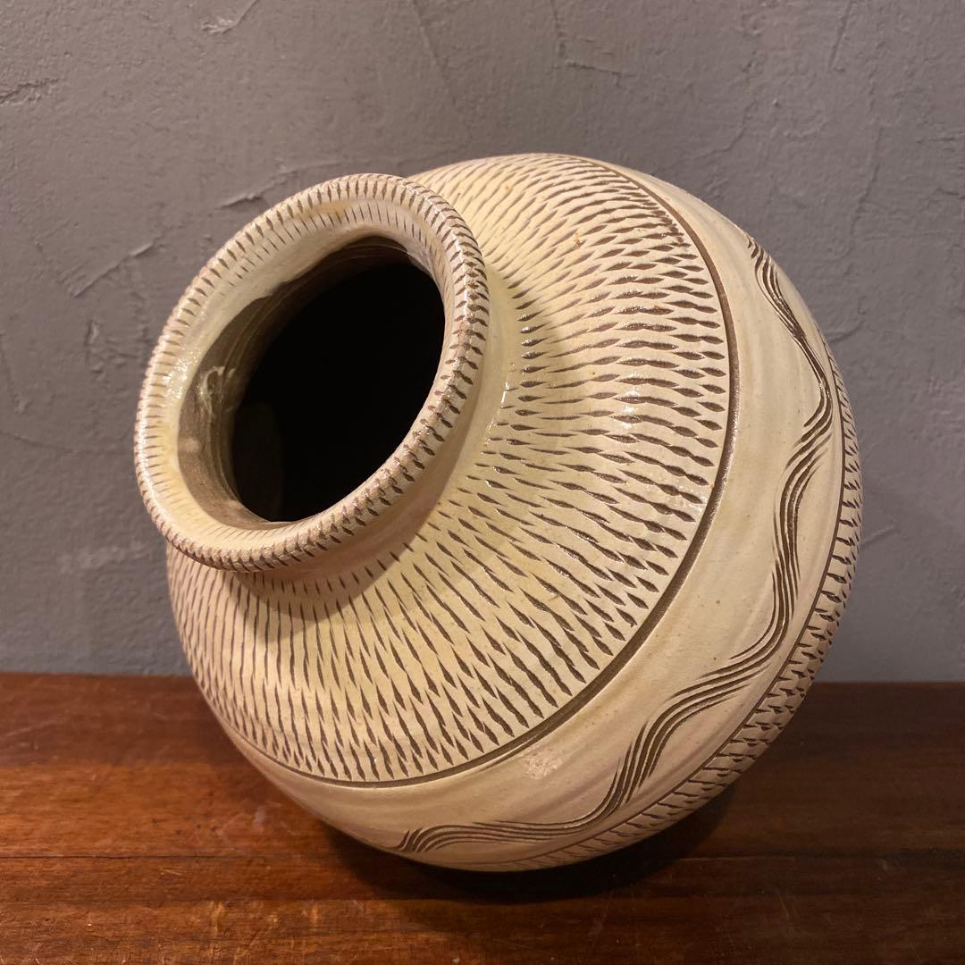 時代物 小鹿田焼 飛び鉋 花器 壺 フラワーベース アート 骨董品 アンティーク