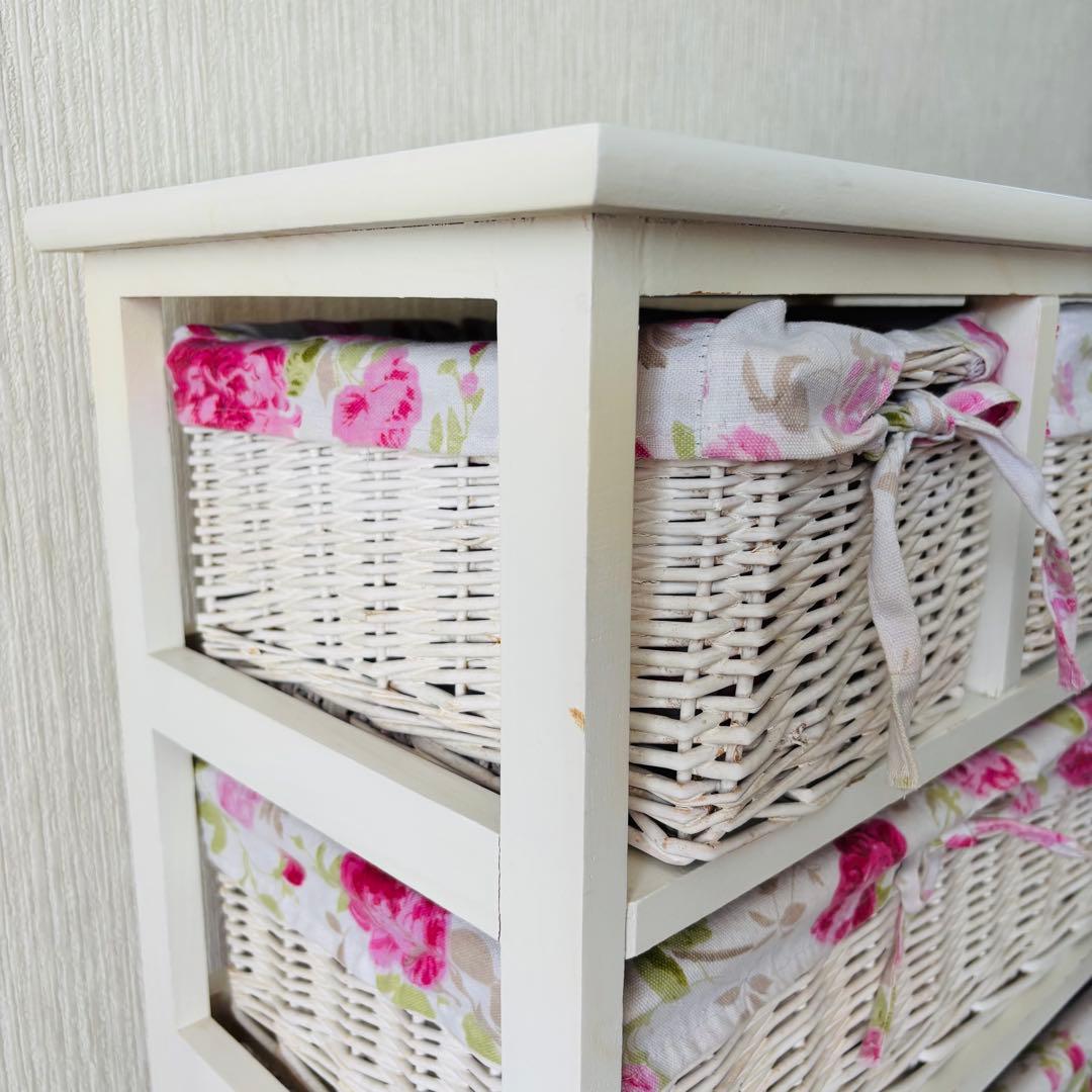 花柄バスケット付き収納ラック 4段 ホワイト 籐ラタン チェスト 北欧 送料込み
