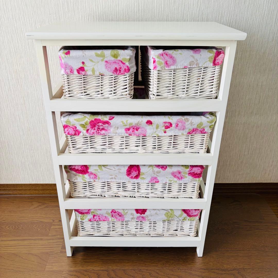 花柄バスケット付き収納ラック 4段 ホワイト 籐ラタン チェスト 北欧 送料込み