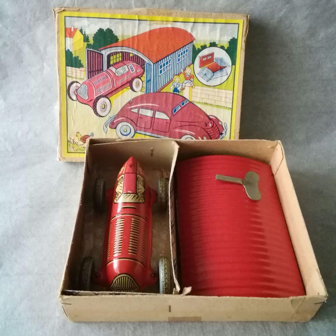 超レア　ブリキ　車庫付きゼンマイカー　アメリカ占領下ドイツ　箱付き　ヴィンテージ